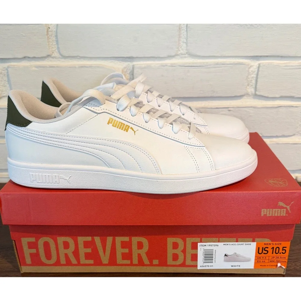 NWT Puma Ace Court Shoe Men 10.5 White Dark Green Gold Sneakers Tennis Retro Low